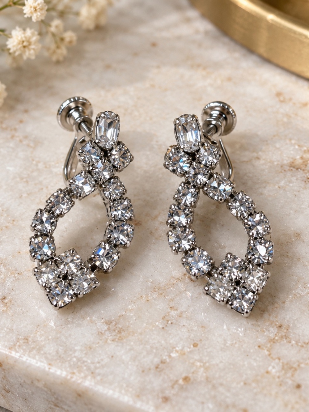 Vintage Rhinestone Dangle Earrings Screw Back Teardrop Silver Tone Mid Century
